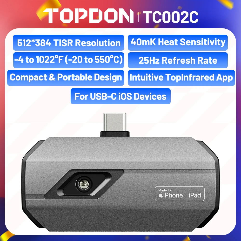 

Тепловая камера TOPDON TC002C для IOS TYPE C 256x192 ИК Высокое разрешение Инфракрасный тестовый отчет Обновленная версия TC002