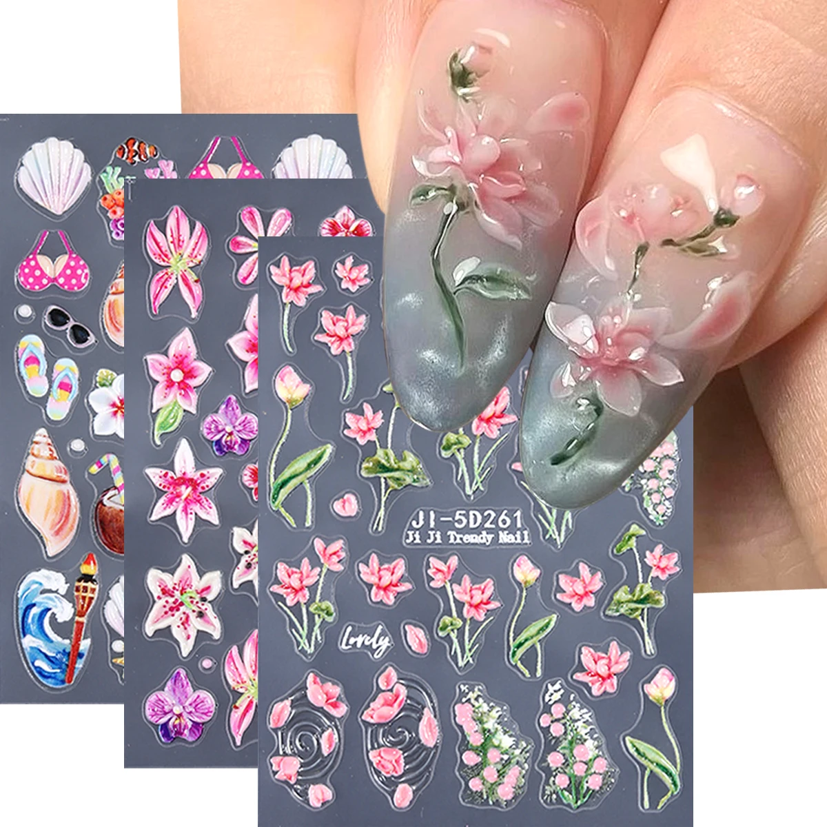 5D pink petal nail stickers, colorful lily and butterfly petal design nail art decorations, French leopard print nail stickers