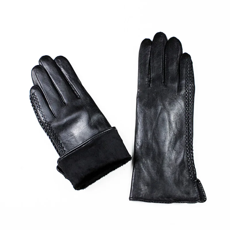 Leather Gloves Female Metal Button Style Velvet Lining Warm Autumn and Winter Free Shipping Sheepskin Gloves