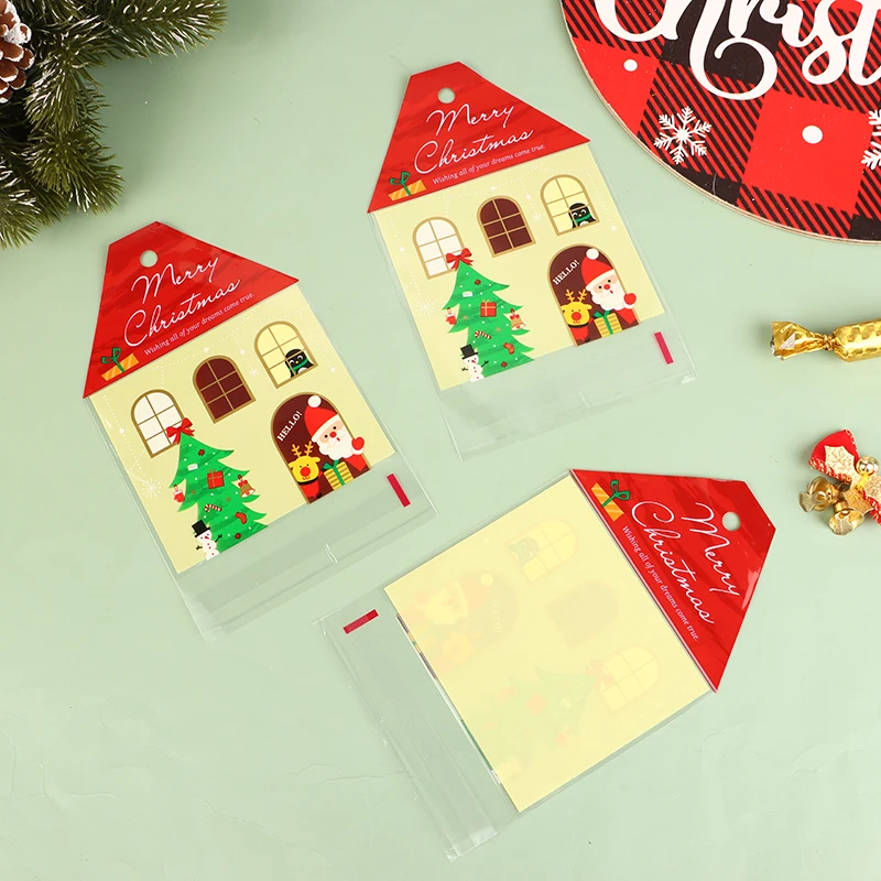 50Pcs Christmas Santa Claus House Shape Candy Gift Bags DIY Cookie Packaging Bag Merry Christmas Party Decoration