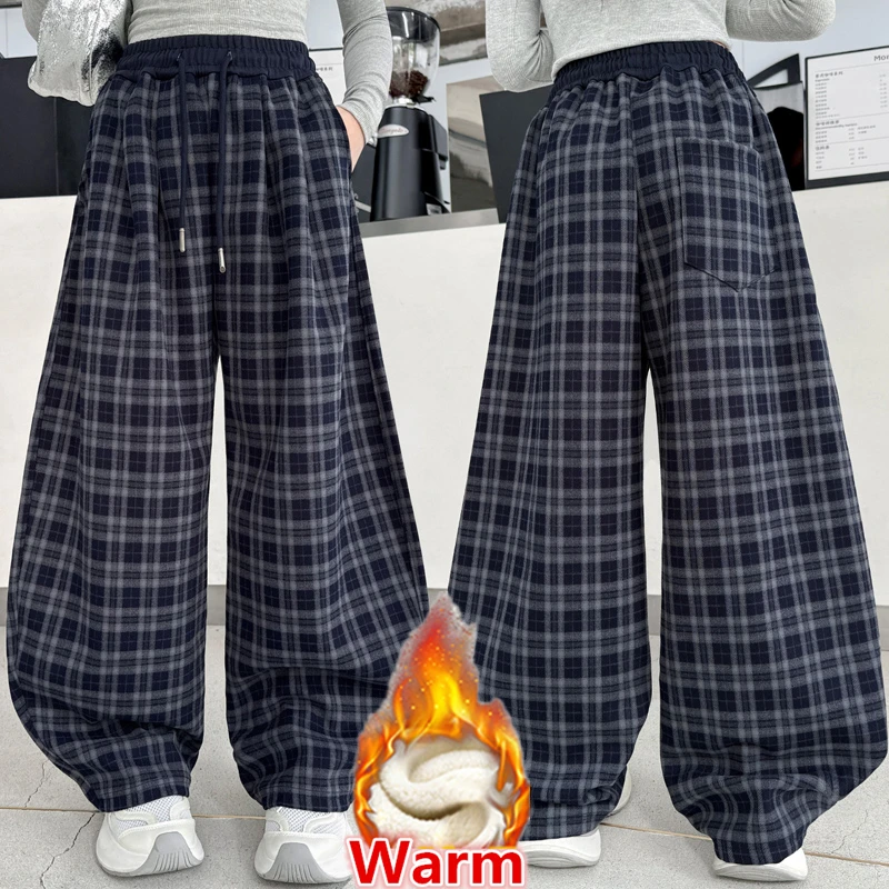 

Fashion Kids Girl Warm Plush Pants Cashmere Thick Plaid Winter Casual Loose Wide-Legged Insulated Trousers Student Streetwear
