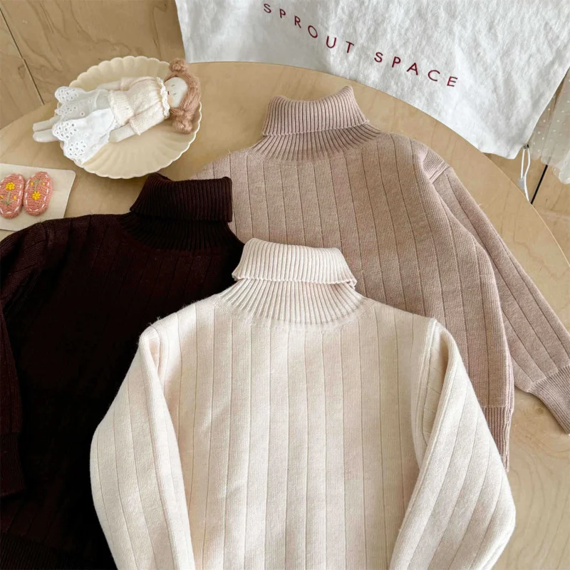 

01-Korean Children's Autumn Winter One-Piece Fleece Warm Boys and Girls Knitted Sweater Autumn Winter Baby High Neck Base Shirt