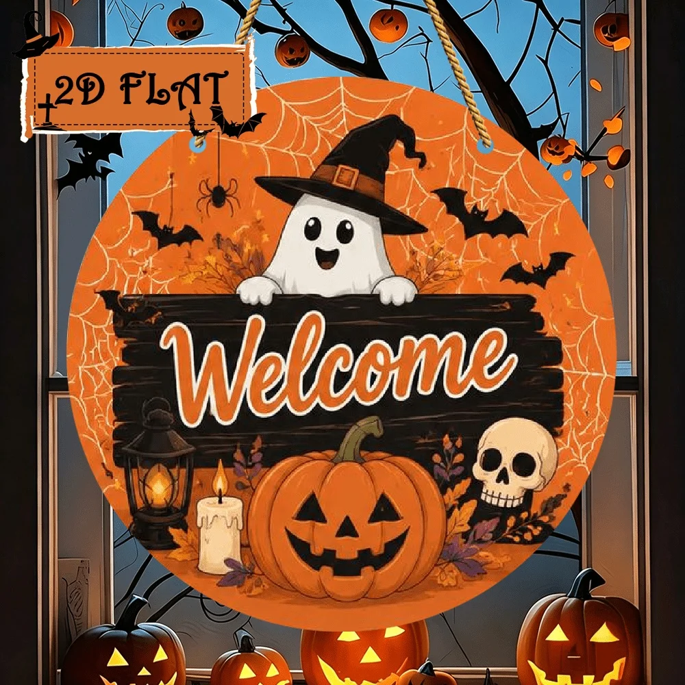 2D Flat, 1pc Pack, Classic Welcome Round Wooden Sign, Suitable for Halloween Pumpkin Bat Wall Hanging Decor, for Halloween Parti