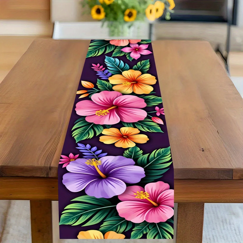Hawaiian Hibiscus Flower Leaf Linen Table Runner Home Decorations Summer Tropical Floral Leaves Plants Table Runners Party Decor