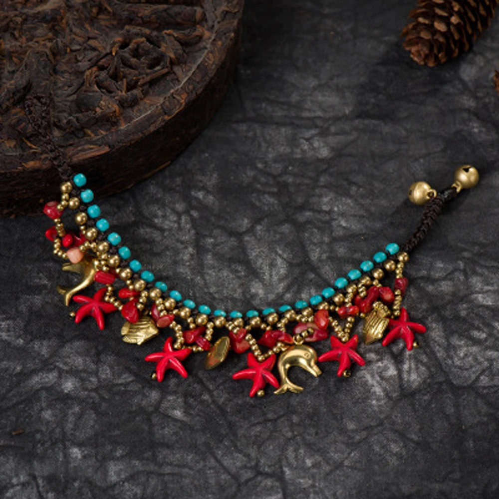 Multi Style Retro Imitation Turquoise Starfish Water Droplet Pendant Tassel Bracelet Bohemian Beach Party Bracelets Jewelry Gift