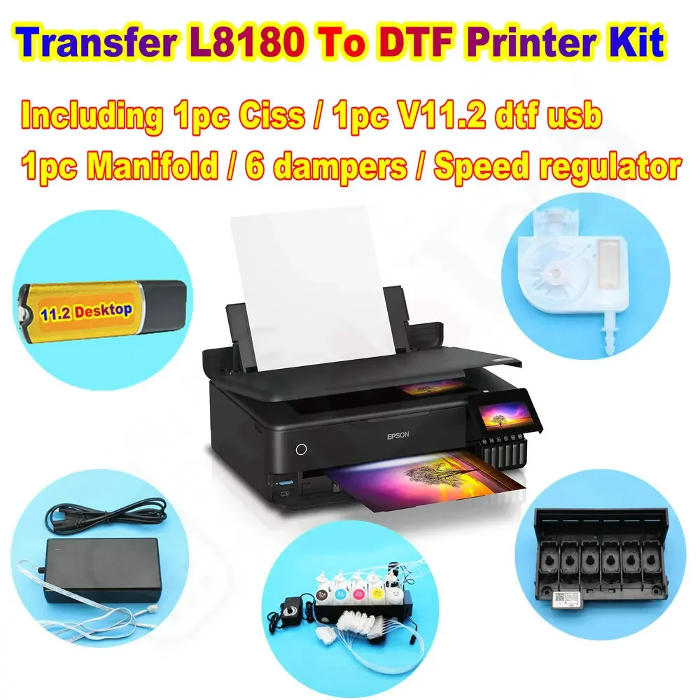Printer Converted L18050 L8050 L8180 to DTF Kit Set Including Rip Usb Program Ciss Ink System Manifold Damper Speed Accelerator