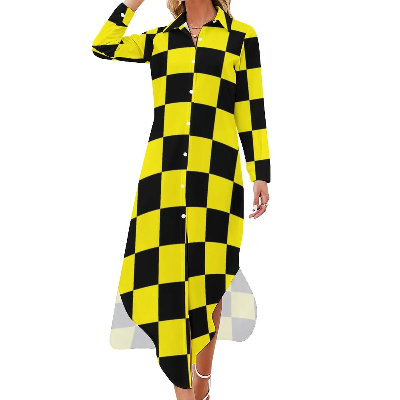 Two Tone Black Yellow Casual Dress Mod Checkers Street Style Dresses Women V Neck Print Oversize Long Sleeve Retro Chiffon Dress