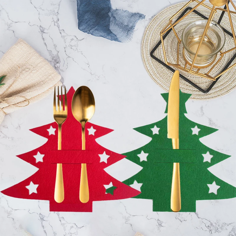 10pcs Christmas Knife and Fork Holder Elk Xmas Tree Pocket Cutlery Bag Non-woven fabric Cookware Organizer Table Decor view 5