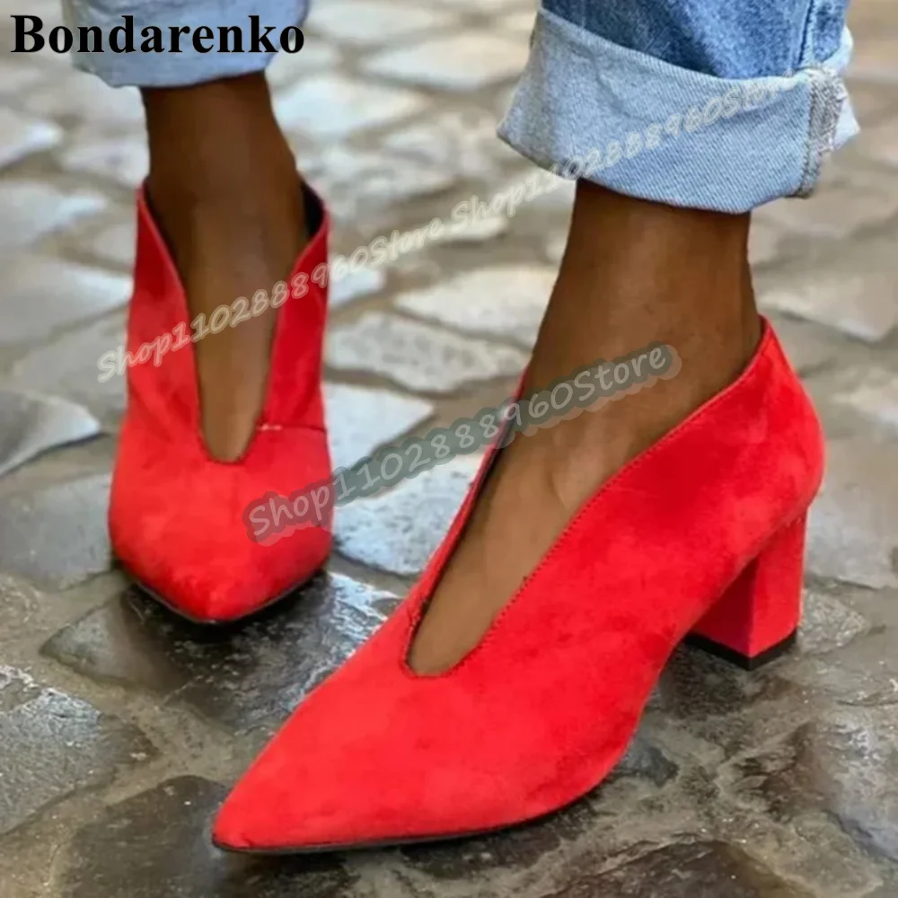 

Casual Red Flock Pointy Pumps Block Heel Shoes For Women Slip On Pointed Toe Fashionable Occidental 2026 Zapatos Para Mujer