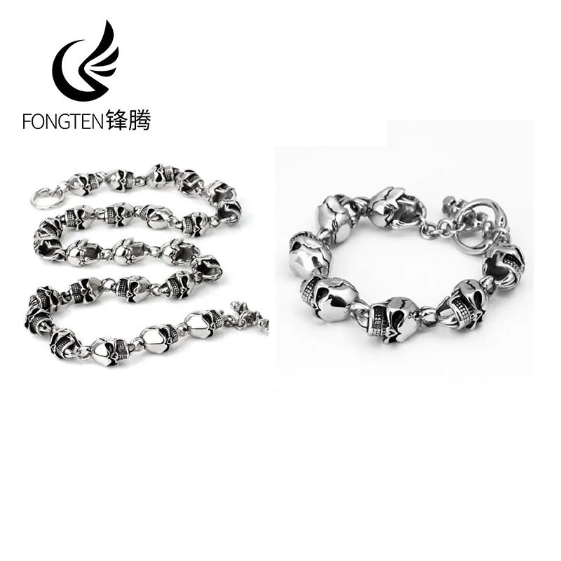 

Fongten Skull OT Clasp Bracelets Necklace For Men Stainless Steel Skeleton Silver Color Male Jewelry Set