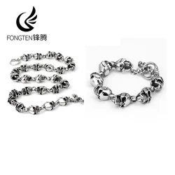 Fongten Skull OT Clasp Bracelets Necklace For Men Stainless Steel Skeleton Silver Color Male Jewelry Set