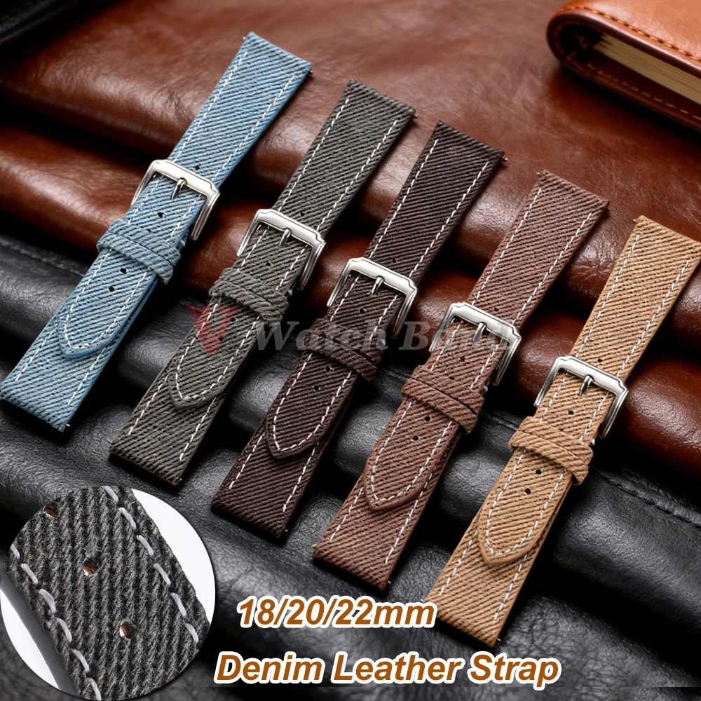 Bracelet de montre en Denim Vintage universel à dégagement rapide, 18mm 20mm 22mm, en cuir cousu, accessoires pour hommes