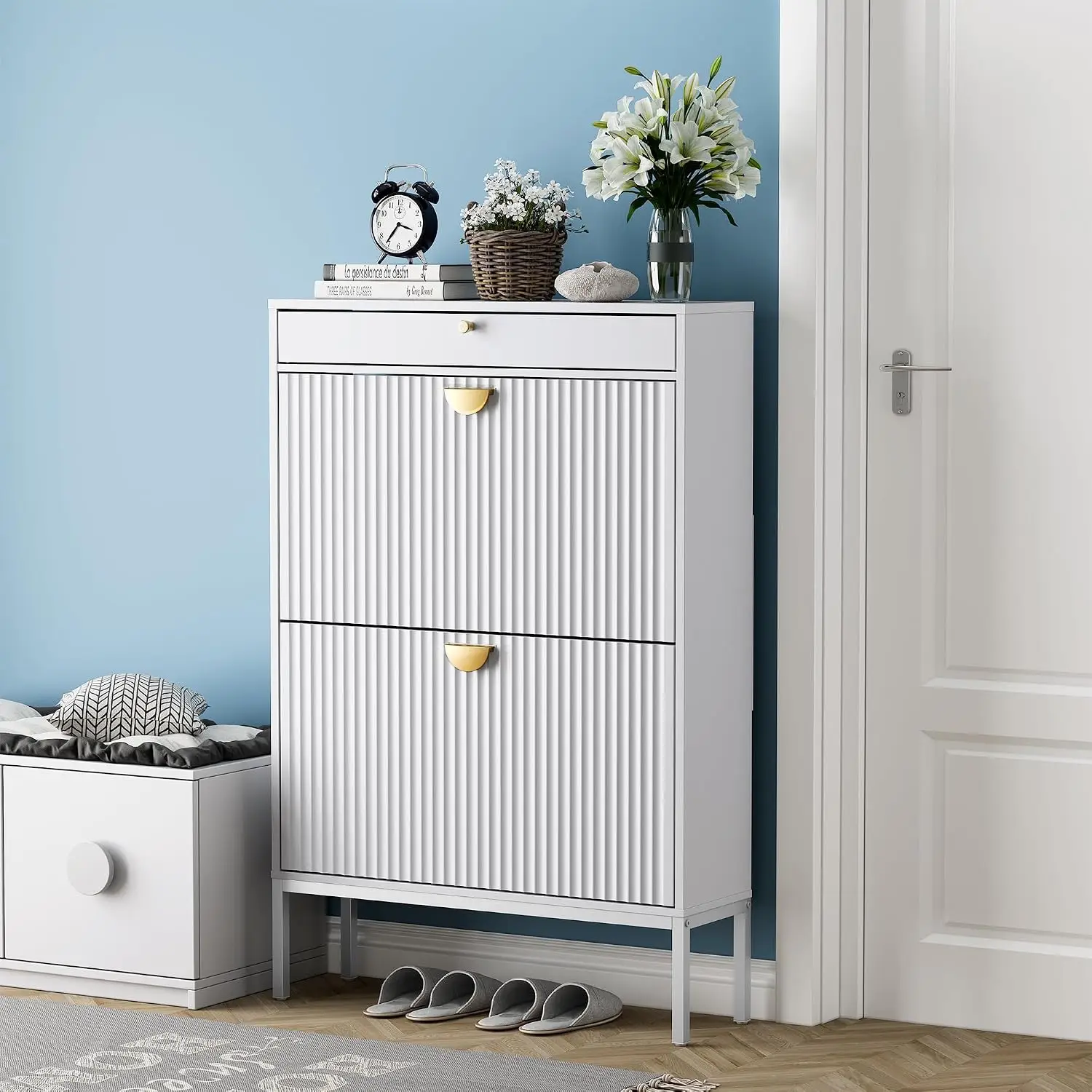 Slim Shoe Cabinet with 2 Flip Drawers & 1 Small Drawer, Fluted Panel Doors Entryway Organizer for Sneakers, White, Customized