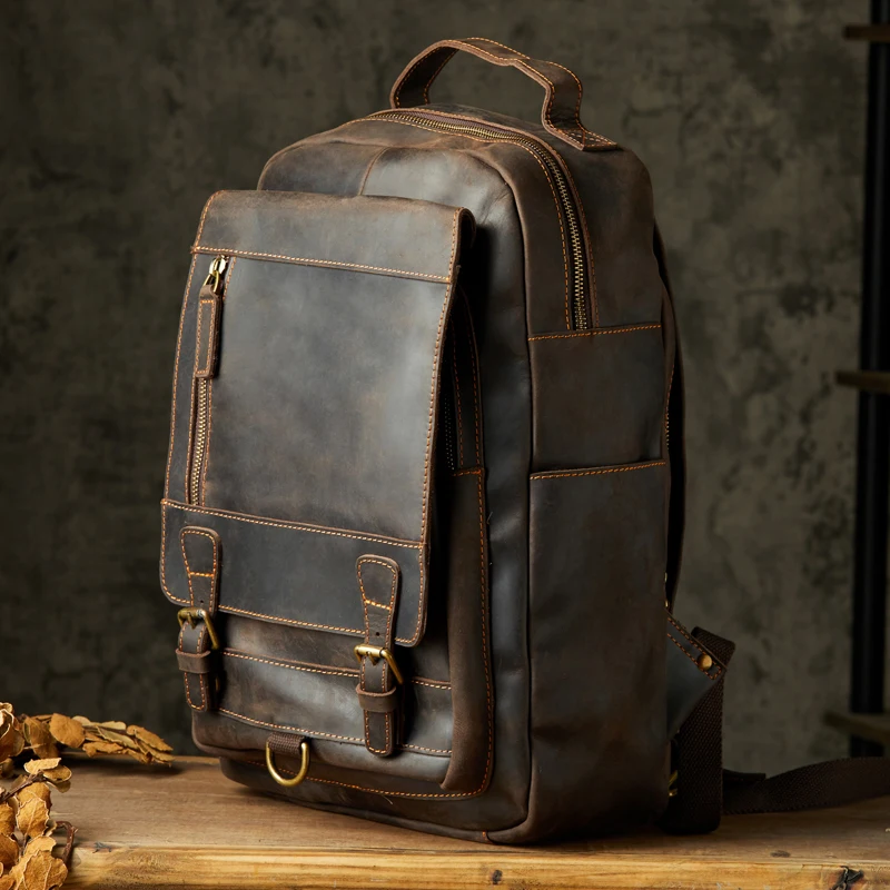 Vintage Handmade Crazy Horse Leather Backpack For Men Retro Genuine Leather Hiking Travel Rucksack Male Cowhide Business Bag