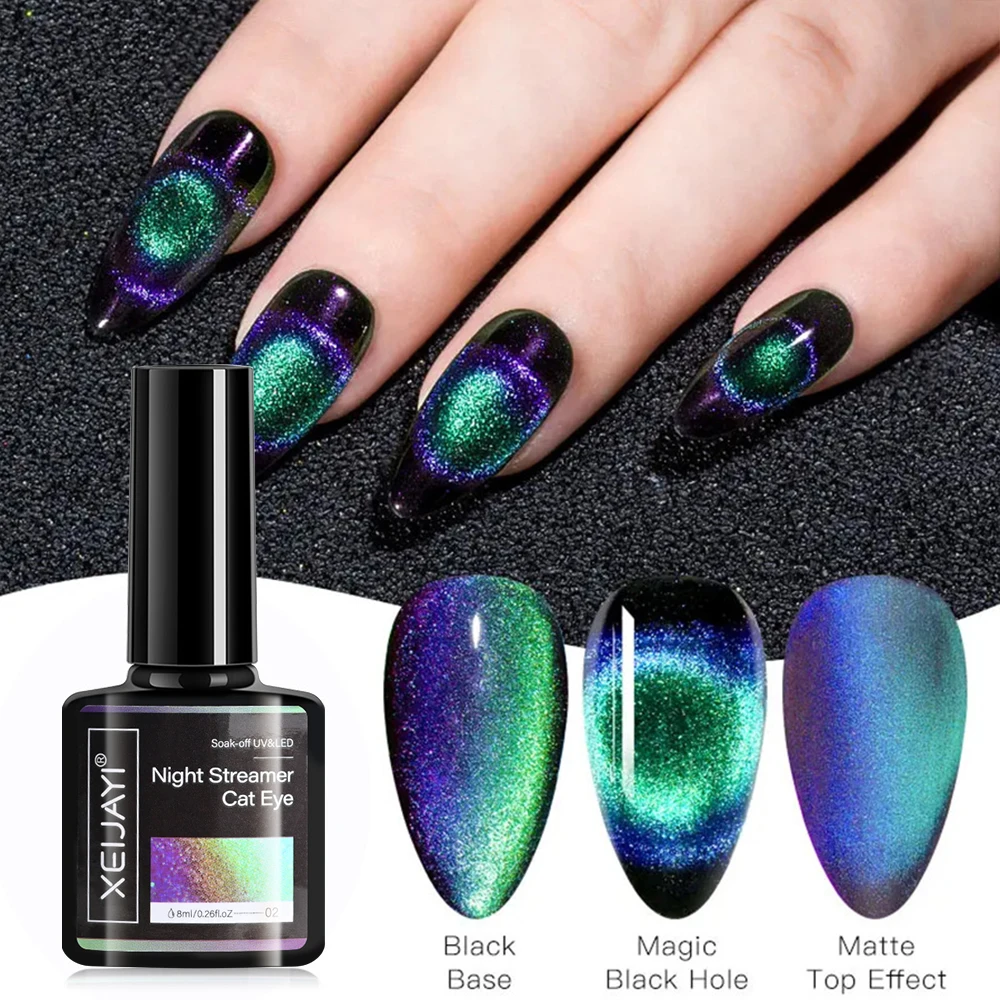 8ml Holographic Glitter Reflective Cat Magnetic Gel Nail Polish 9D Laser Night Streamer Magnet Gel Soak Off UV Cat Eye Nails Gel