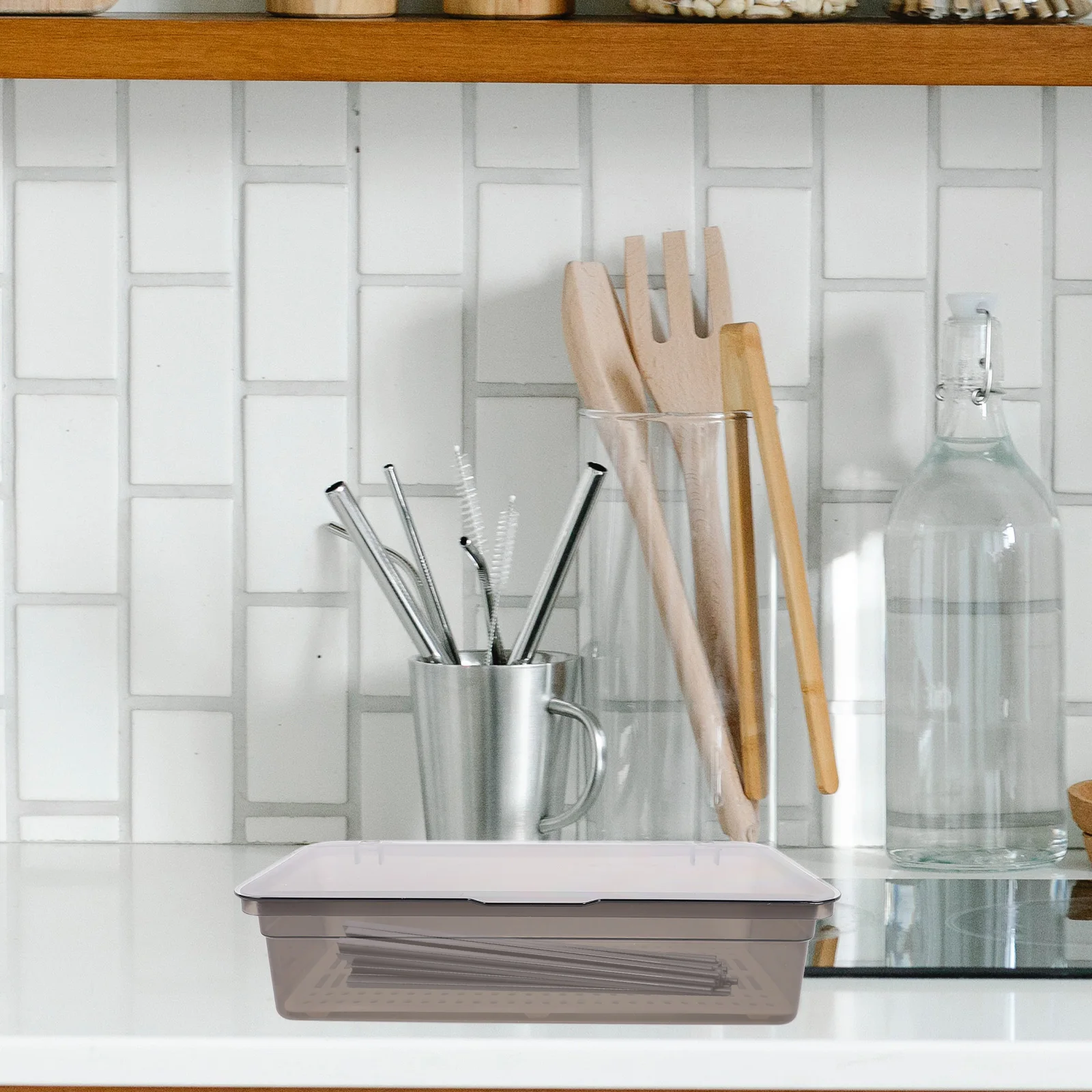 

Chopstick Storage Box 25cm Transparent Lid Drain Basket Kitchen ganizer Spoon Silverware Camp Compact