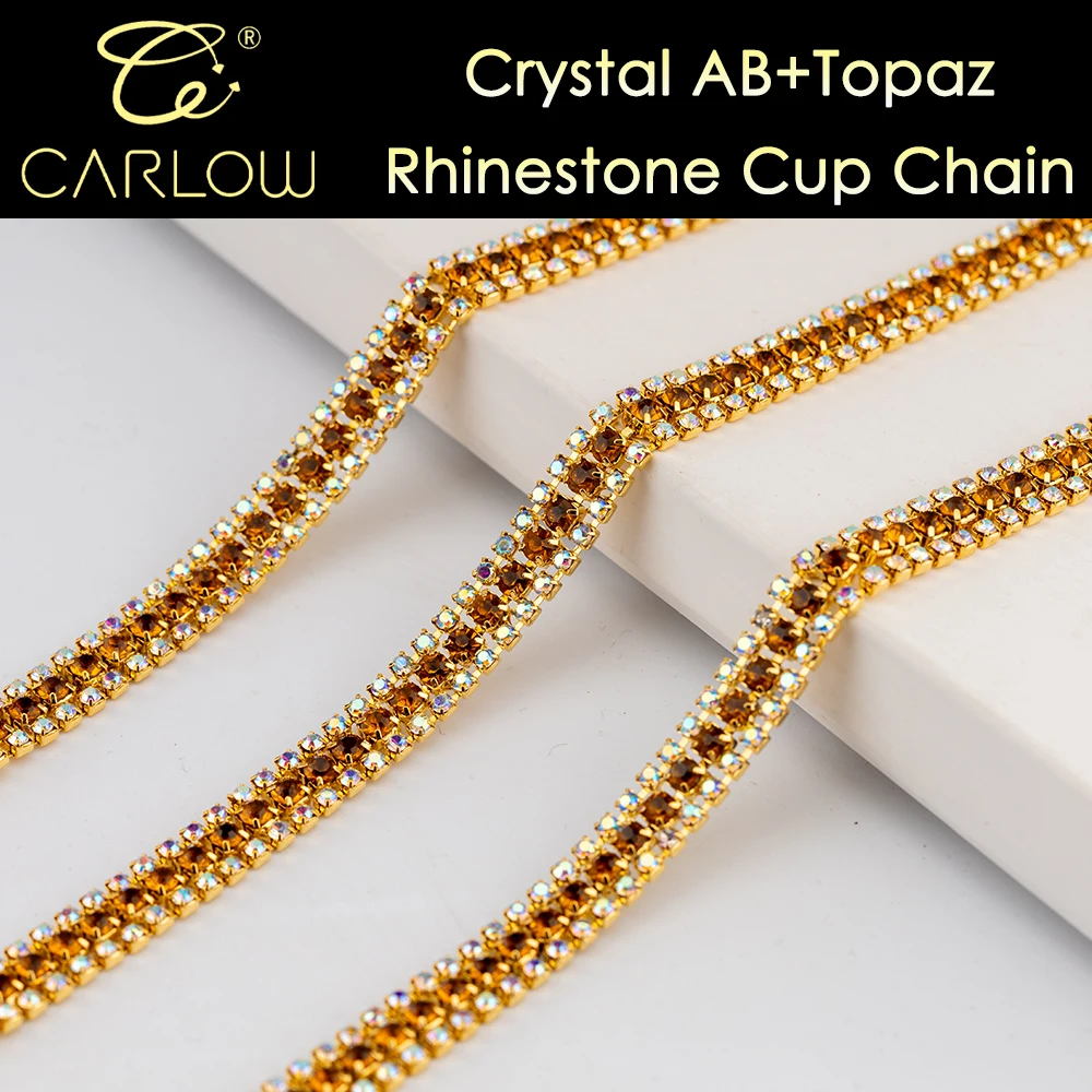 CARLOW 3 Rows Crystal AB and Topaz Gold Flat Back Rhinestone Cup Chain AAAAA Sew on Chain for DIY Accessories 006 006