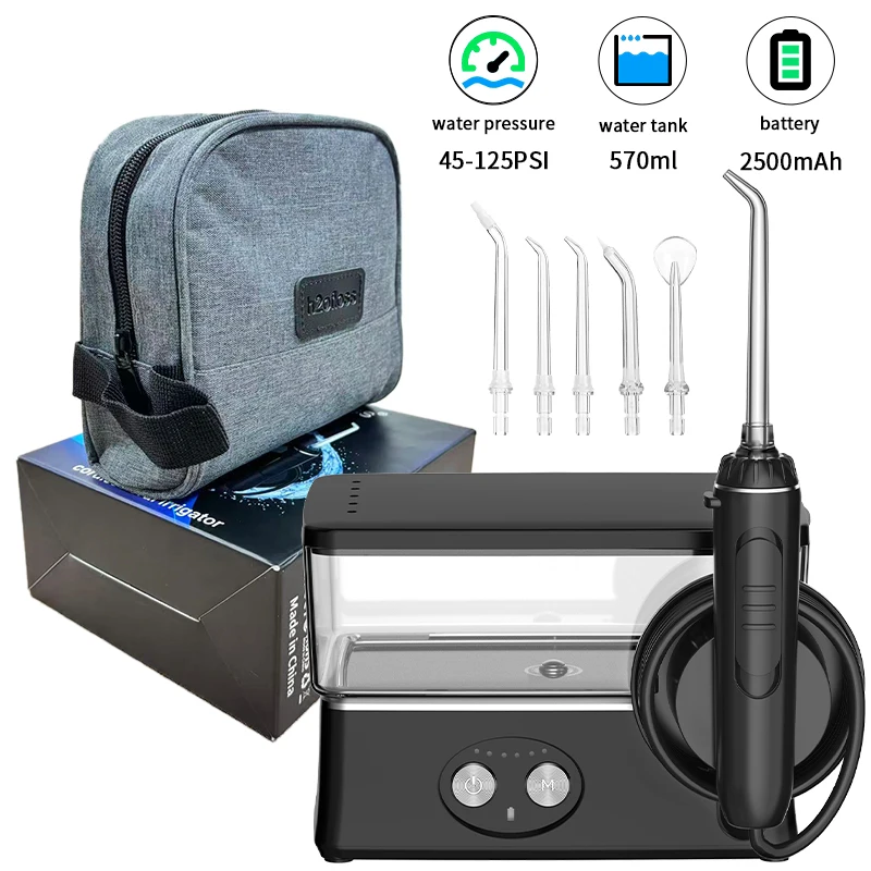 

H2ofloss Water Flosser 570 мл Портативный ирригатор для полости рта 140 фунтов на квадратный дюйм 6 режимов 5 насадок с дорожной сумкой USB перезаряжаемый для чистки зубов