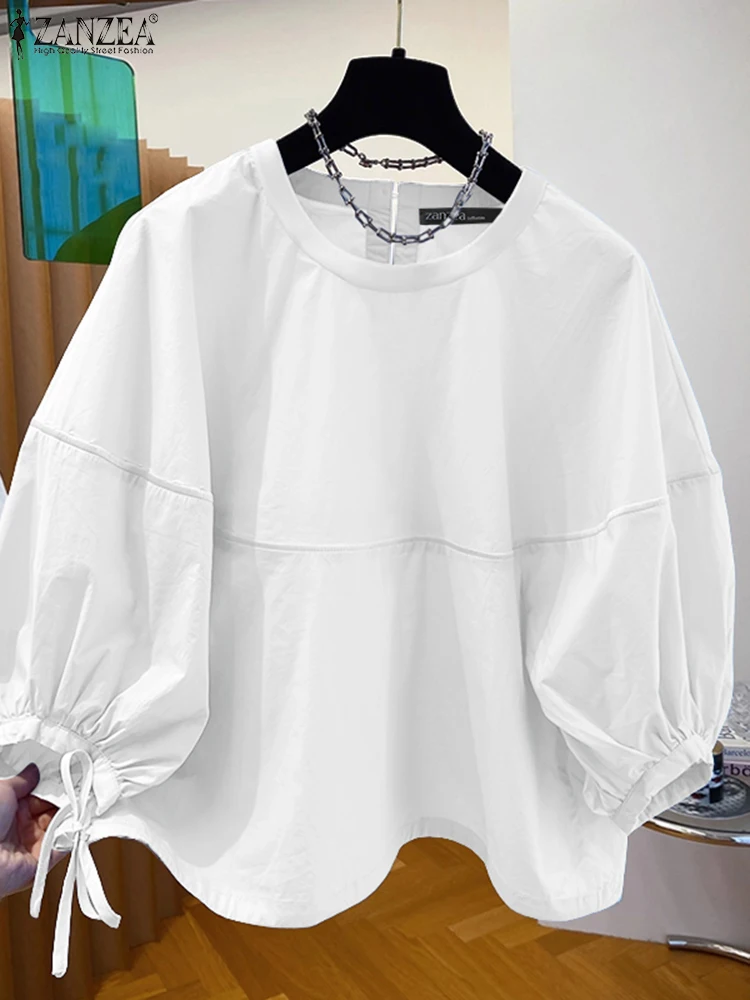 2025 ZANZEA Stylish Autumn Blouse Women Solid OL Work Tops Elegant Casual O Neck 3/4 Sleeve Office Shirt Drawstring Hem Blusas