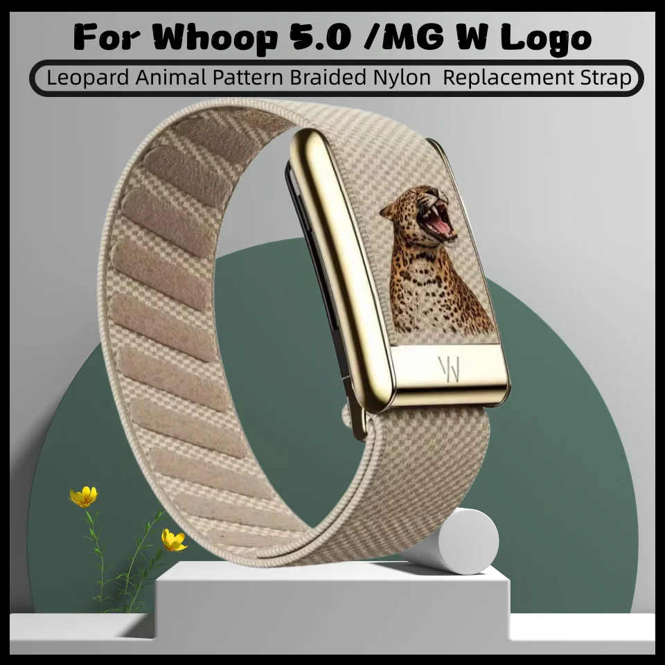 Leopard Pattern Braided Nylon Strap For Whoop 5.0/MG W Logo Metal Frame Sport Replacement Fitness Tracker Wristband