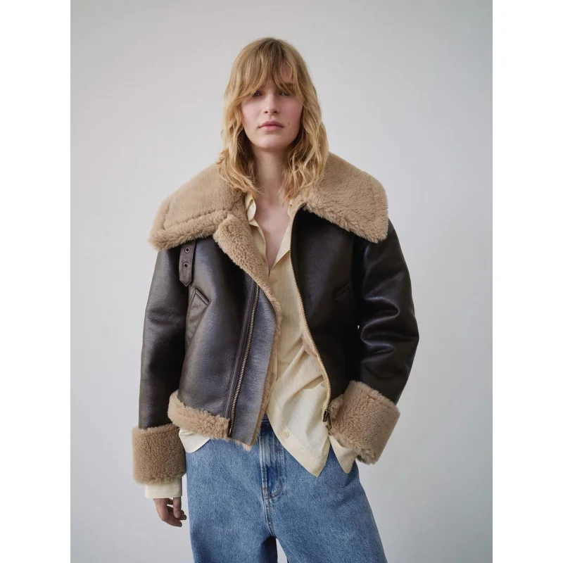 เสื้อแจ็คเก็ตสั้นซิปคอปกพับได้ สีพื้น บุขนหนา สไตล์สตรีทใหม่ ฤดูใบไม้ร่วง-ฤดูหนาว 2025 สำหรับผู้หญิง