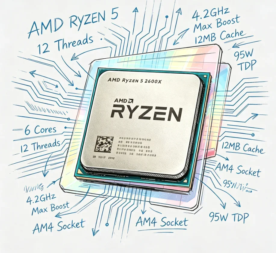 

AMD Ryzen 5 2600X Mid-Tier Gaming Processor 6 Cores 12 Threads 95W TDP Matches Full Range AM4 Mainboards PC CPU No Cooler