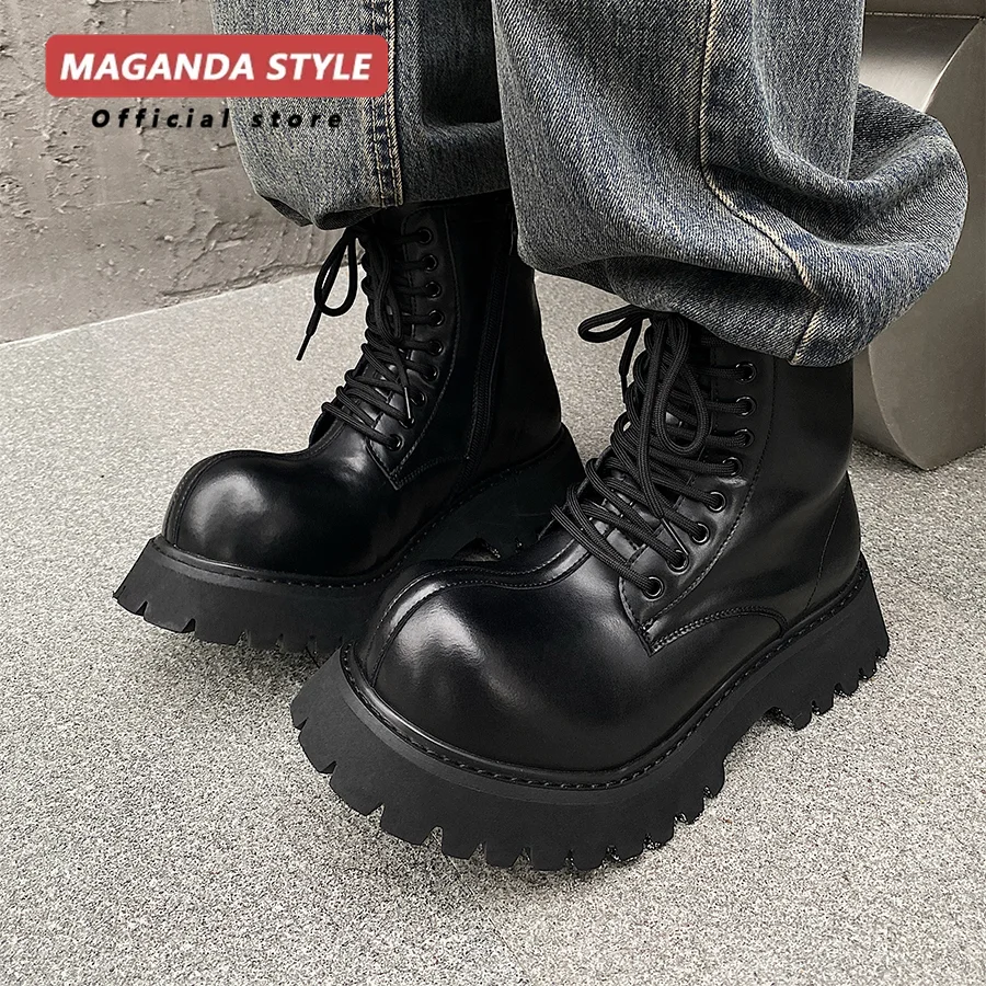 High Top Handsome Short Boots for Men Leather Side Zipper Motorcycle Work Shoes Leather Height Increased 5CM Comfortable