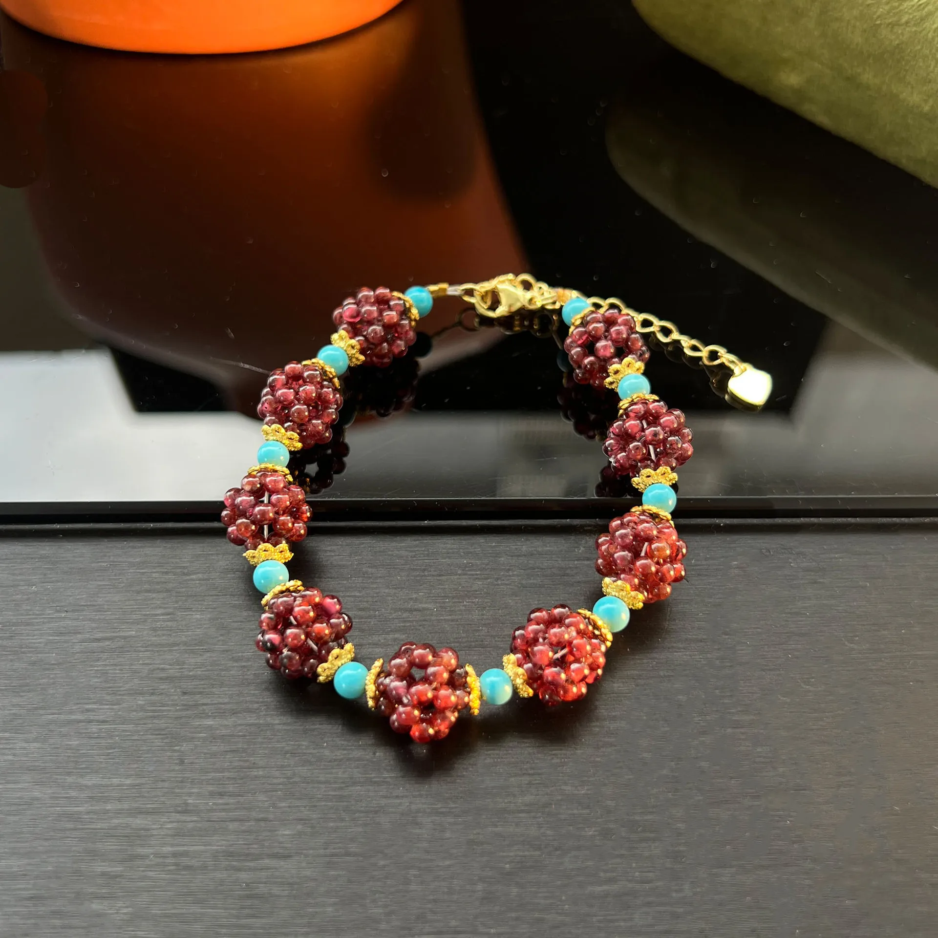 Hand‑Woven Grape Ball Beaded Bracelet For Women Retro Fashion Simulated Turquoise Mix Beads Stackable Wrist Jewelry