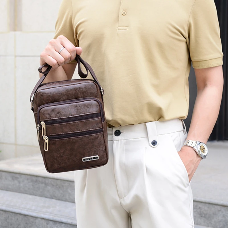 Men's PU Leather Messenger Crossbody Sling Bag - Large Capacity Multifunctional Shoulder Bag for Casual Travel Work