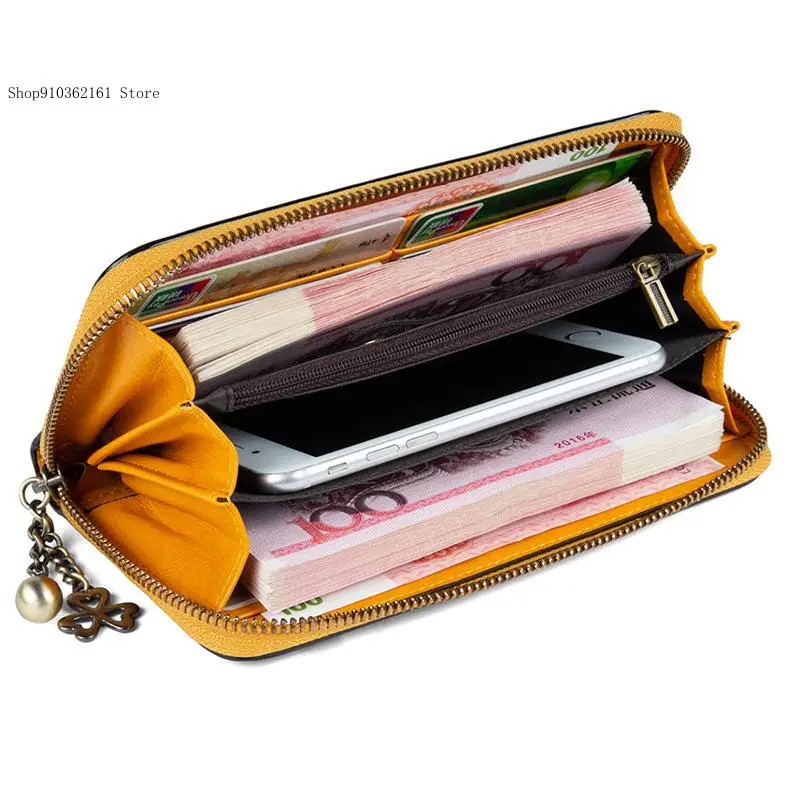 Causal Protected Zipper Purse with Card Holders Phone Pocket Vintage Genuine Leather Women's Long Wallet
