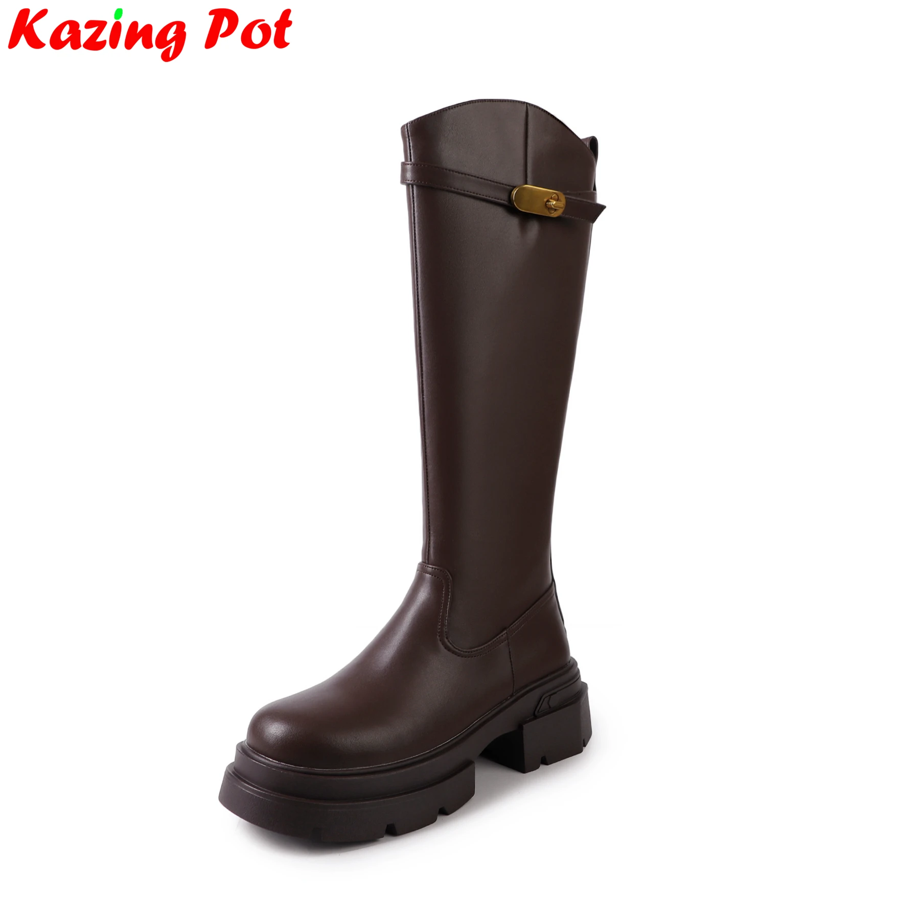 

Krazing Pot Cow Leather High Heels Riding Long Boots Warm Winter Shoes Belt Buckle Platform Retro Brand Women Knee-high Boots
