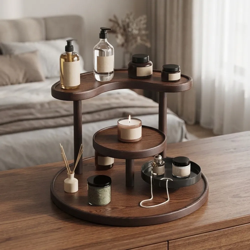 Brown Wood 3-Tier Perfume Display Rack Curved Design for Fragrance Collection and Cosmetic Storage at For Home