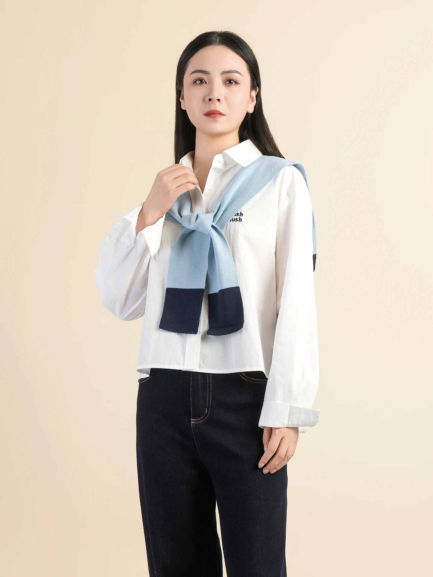 

Faionable Knitted Long Sve Collar awl Color Blo Women's irt Spring New Arrival Straight Cut Slimming Cotton Blend
