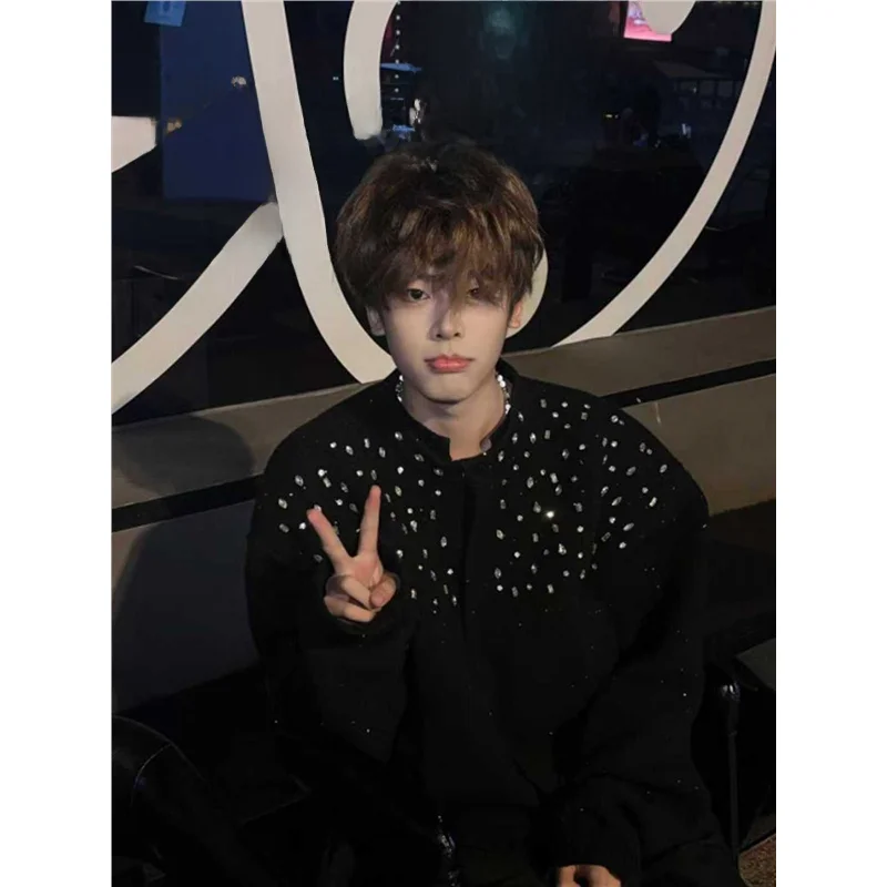 

Белый кардиган с белыми стразами, свободный крой, мужской, модный, осенне-зимний, премиум-класса, вязаный топ в стиле французского шика