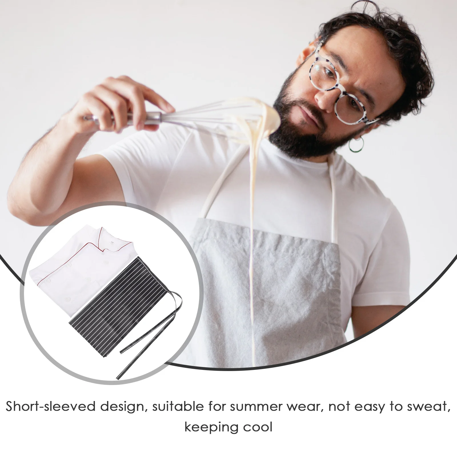 Manteau de Chef respirant à manches courtes, tablier, uniforme de cuisine, veste de cuisine résistante à l'huile et aux éclaboussures avec poche, 1 ensemble