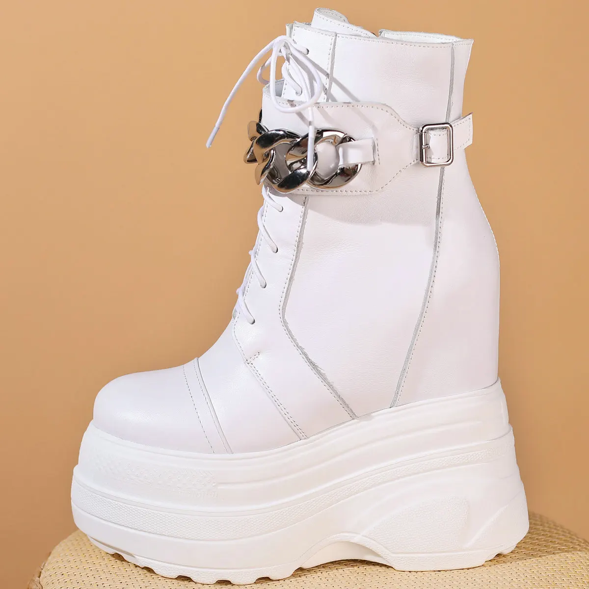 Décolleté con tacco alto 16 cm Scarpe taglie forti Scarpe da donna con zeppa in vera pelle Stivali da neve Punta tonda femminile Sneaker moda Scarpe