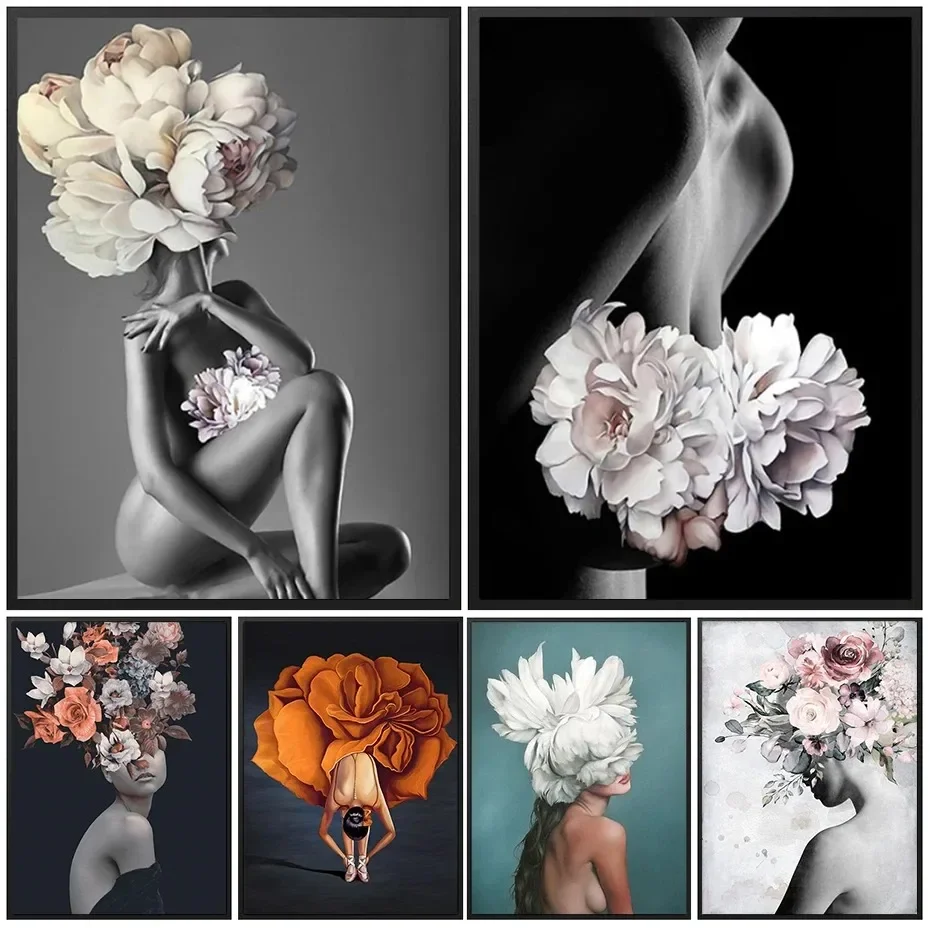 Canvas Painting Wall Art Women and Flowers Abstract Print the Girl with Flowers on Her Head Surrealism Imagine Poster Room De