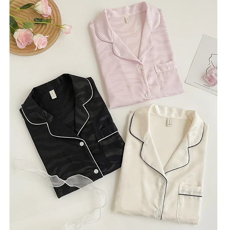 White Sleepwear Lingerie Women Silky Satin Pajamas Suit Nightwear Lady 2PC Homewear Long Sleeve Lapel Shirt&Pants Pyjamas Set