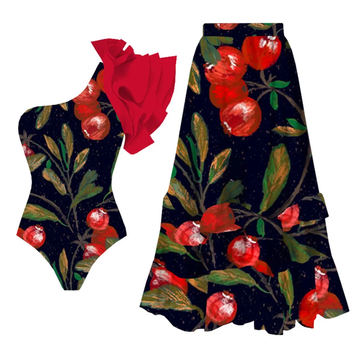 2026 Floral Print Shoulder Ruffle One Piece Swimsuit With Cover Up Women Swimwear Sexy Swim Suit Monokini Bodysuit Bathing Suit