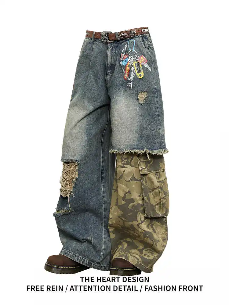 Street Vintage Jeans New Y2K Harajuku Wash Patchwork Camouflage Baggy Jeans Denim Pants Mens Womens High Waist Wide Trousers