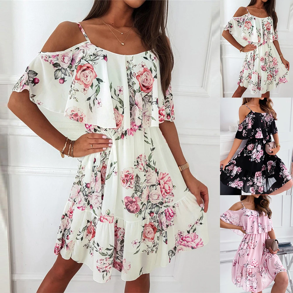 PYL HOT Summer Dresses Women Floral Printed Sleeveless Sundress Ladies Party Cold Shoulder Beach Dreses Gown