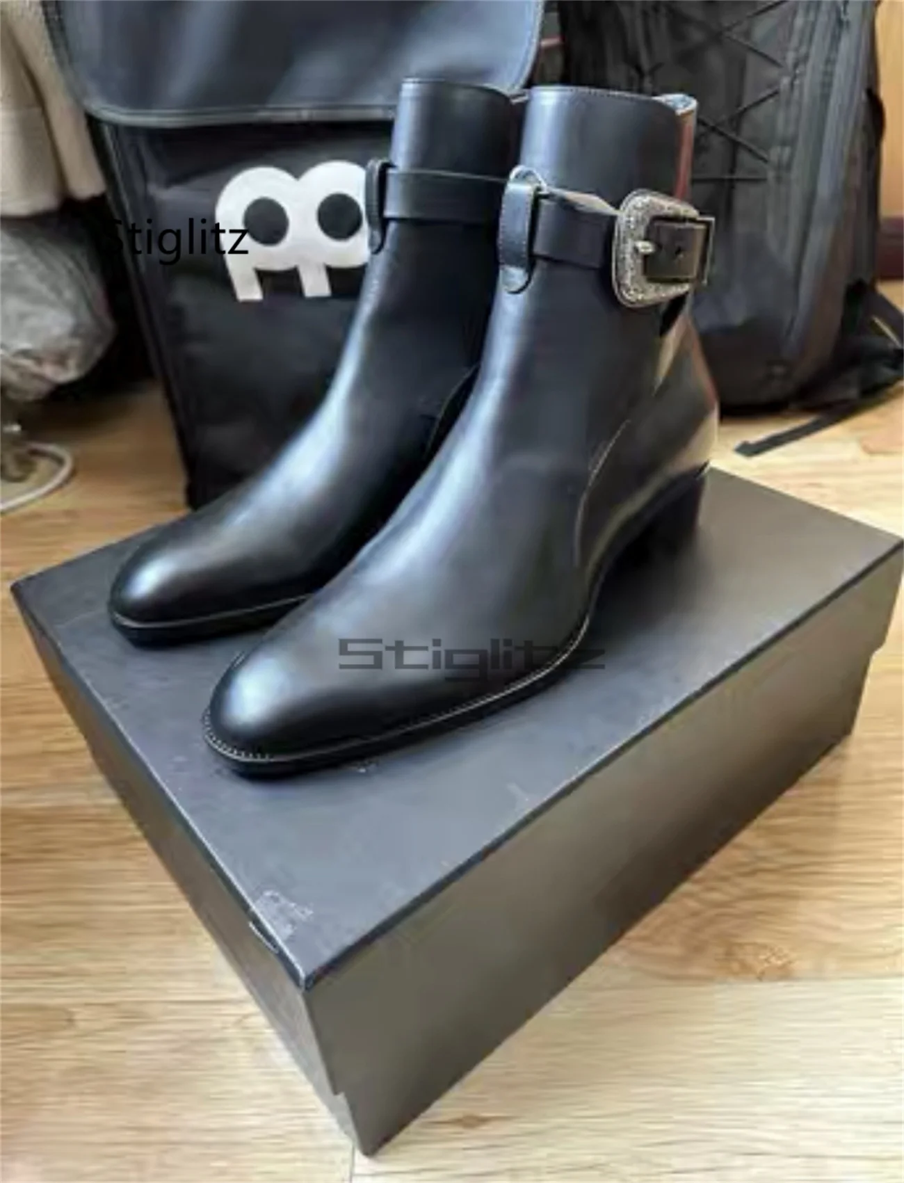 Belt Buckle Chelsea Boots for Men Real Cowhide Med Heels Pointed Toe Zipper Ankle Boots Handmade Genuine Leather Business Shoes