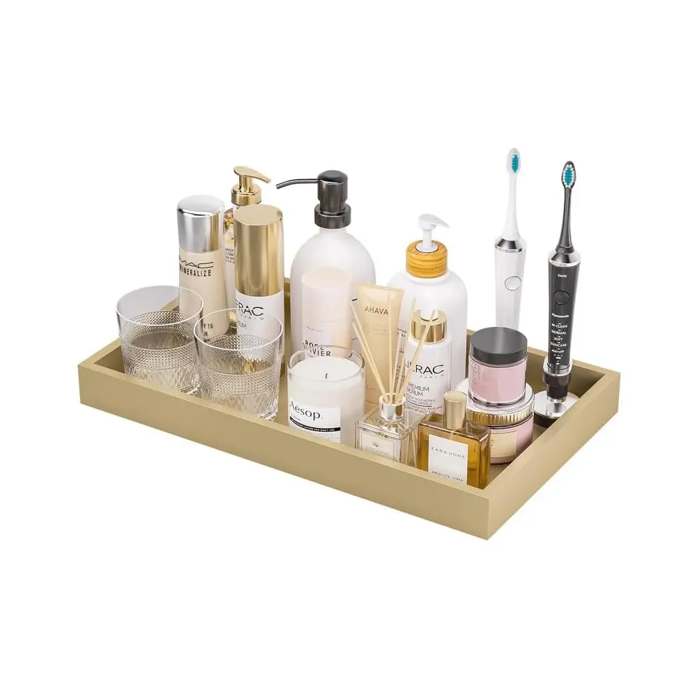 

Gold Bathroom Vanity Tray For Countertop Perfume Makeup Jewelry Candle Decor, Kitchen Tray For Soap Dispenser Spice Salt, Large