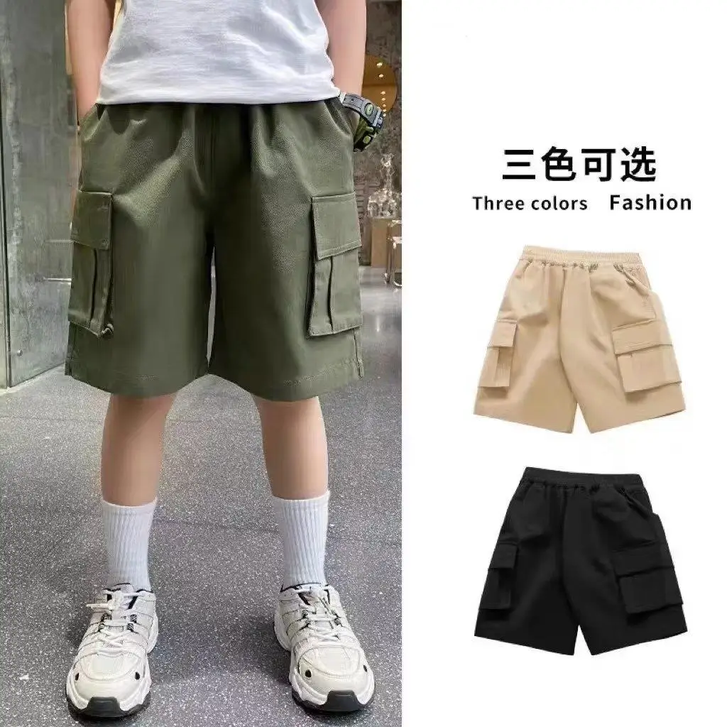 2026 New Arrival Boys Cargo Shorts Summer Thin Korean Style Loose Five Point Pants Kids Black Green Casual Trousers