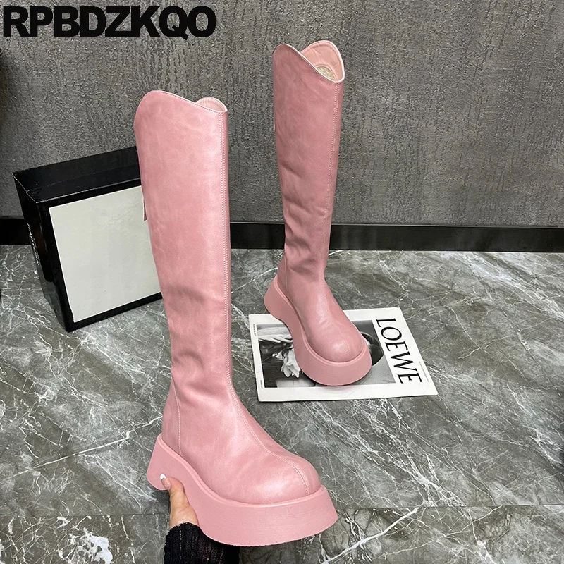 Creepers Riding Wide Calf Tall Solid Shoes Plain Flatforms Round Toe Knee High Zipper Wedges Women Long Equestrian Boots Muffin