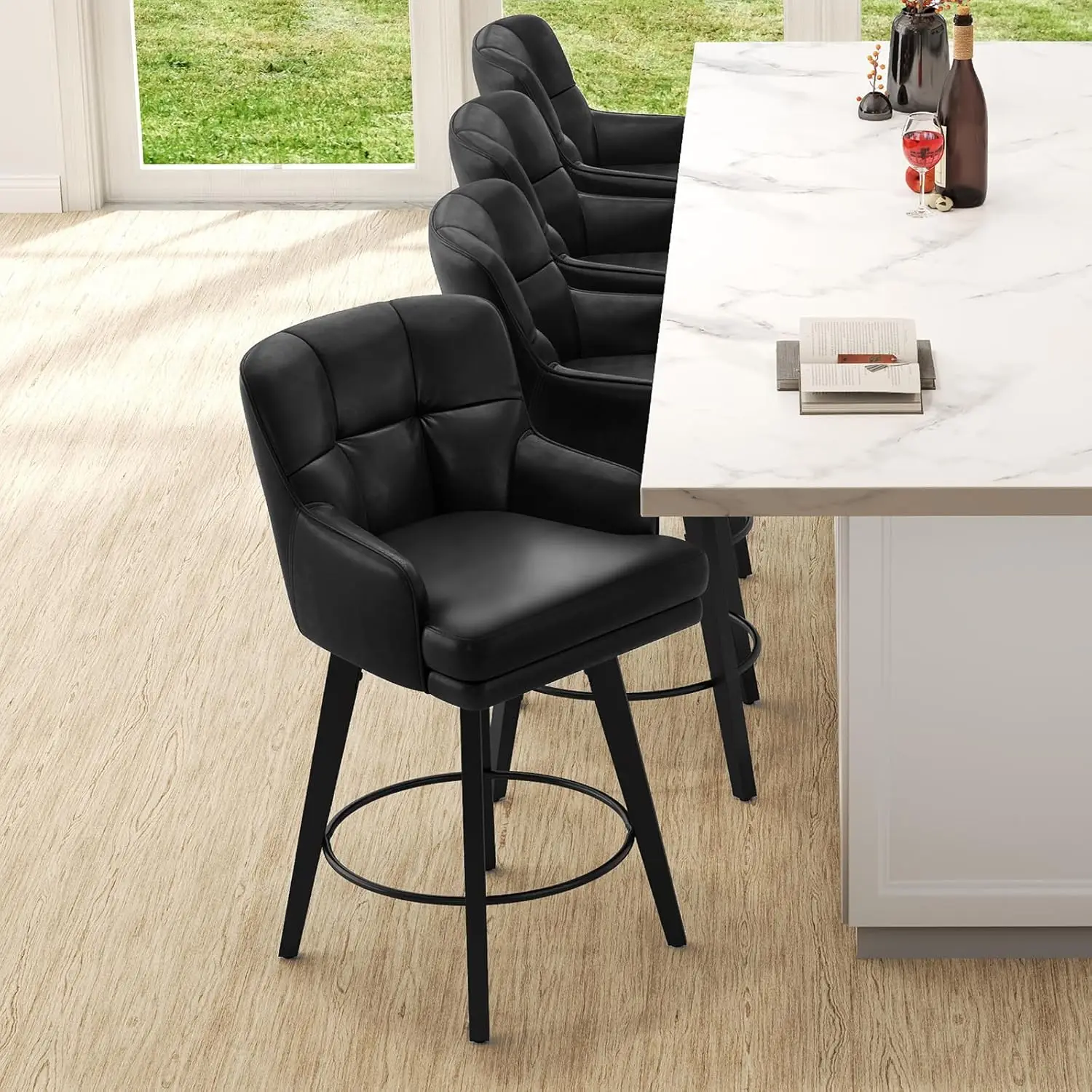 360 ° مقاعد بار ذات ارتفاع دوار مع ظهر، أرجل خشبية صلبة مقاس 26 بوصة، مقعد بار كراسي جزيرة المطبخ الحديثة، جلد صناعي (B)