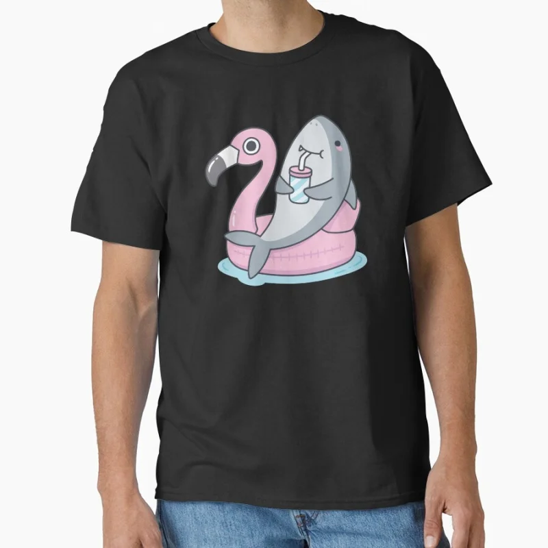 

Cute Shark Chillin On Flamingo Pool Float Funny Ahhh Time to Relax Summer humor gift T shirt for men Large size Tops S-6XL