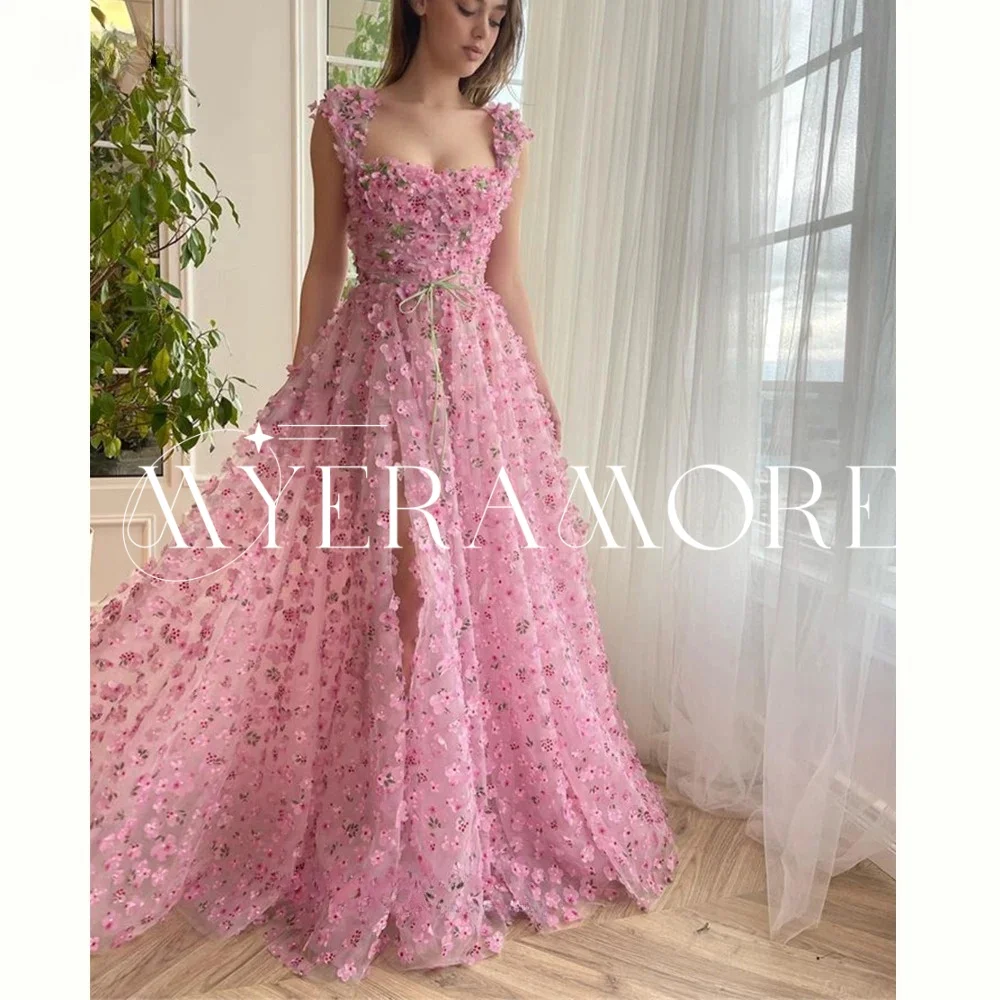 تول فساتين سهرة ثلاثية الأبعاد على شكل زهرة أشرطة سباغيتي فتحة عالية على شكل حرف a سويب تراين فساتين لحضور الحفلات الموسيقية مخصصة فساتين سهرة