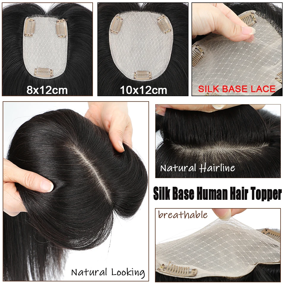 Dazzeal-Topper de cabello humano liso para mujer, extensiones de Clips de pelo, Base de seda, encaje Natural, 8x12, 10x12