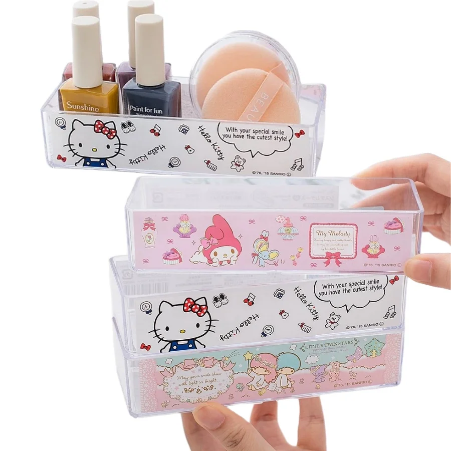 1 Stück Sanrio Hello Kitty Schreibtisch-Aufbewahrungsbox, rechteckige, transparente Aufbewahrungsbox ohne Deckel für Schmuck und Kosmetik.
